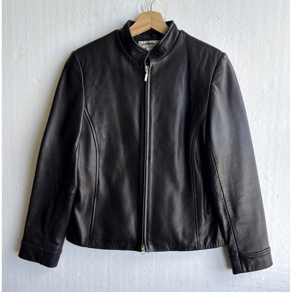 VTG Petite Sophisticate Women's Black Leather Full Zip Jacket Long Sleeve Size 8